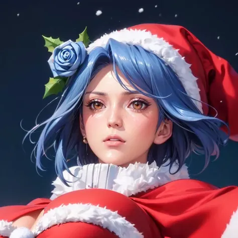 score_9,score_8_up,score_7_up,high res image,masterpiece,best quality,Delicate face,zmzq ,Expressiveh,figure,完美figure,The woman (Naruto),(Short hair,blue hair, hair_ ornament , brown eyes,rose,hair_good,:1.2),(big breasts:1.2),(santa_hat, capelet ,santa_co...