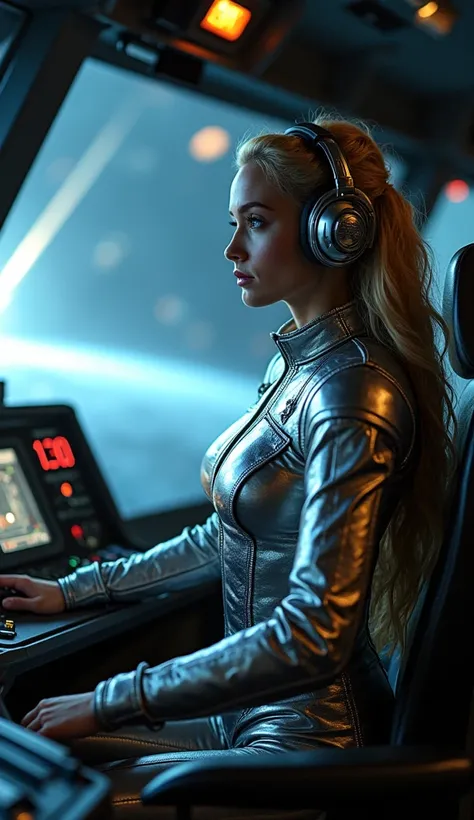 An unexpected meteor shower threatens the satellite. The Satellite Queen, with her unmatched intelligence, takes charge of the situation. She straps into the control seat, her metallic outfit reflecting the chaotic lights of alarms, and calmly pilots the s...