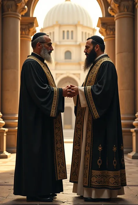 Two Jewish people dressed in priestly clothes and standing near a Jewish temple
