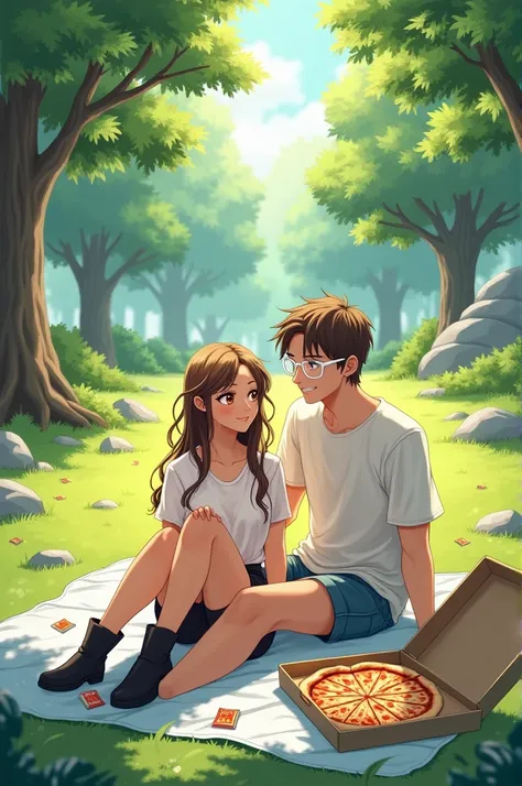 a woman with long loose brown hair and brown eyes with summer clothes and black ankle boots sitting on a light blue and light pink blanket on green grass with a pizza box on her right and a few packs of sweets around her with a handsome man with light brow...