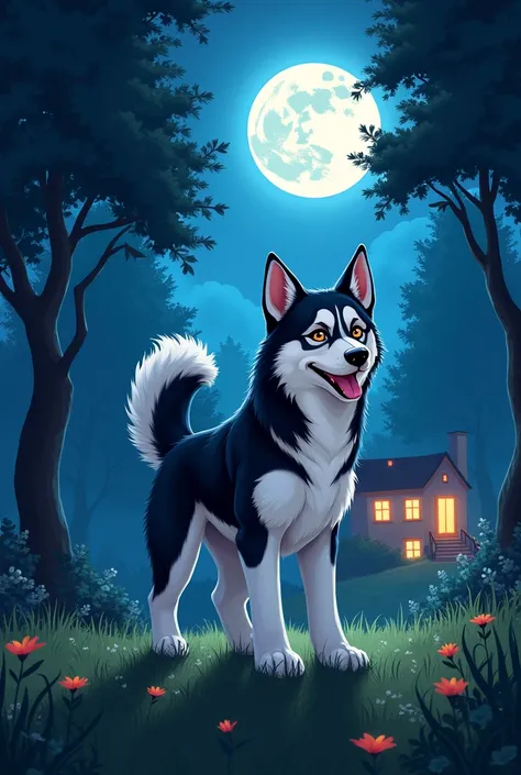  Create an adventure illustration about two dogs :  a Siberian Husky named Nina  (White and black hair) And a small Shih Tzu called Thor (Black hair).  They are in a park under moonlight , in a heroic pose,  surrounded by mysterious trees . In the backgrou...