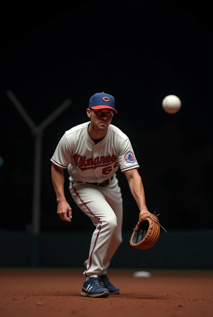 Baseball player character with glove in field, black background