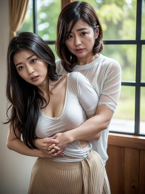 (2 woman:1.6),(40 years old japanese woman and 20 years old japanese woman),(40 years old Japanese woman is a mature woman),[40 years old woman:(afraid face:1.3),(embarrassed, blush ), (ecstasy),(realistic skin) ,(wearing White knit t -shirt),(wearing blac...