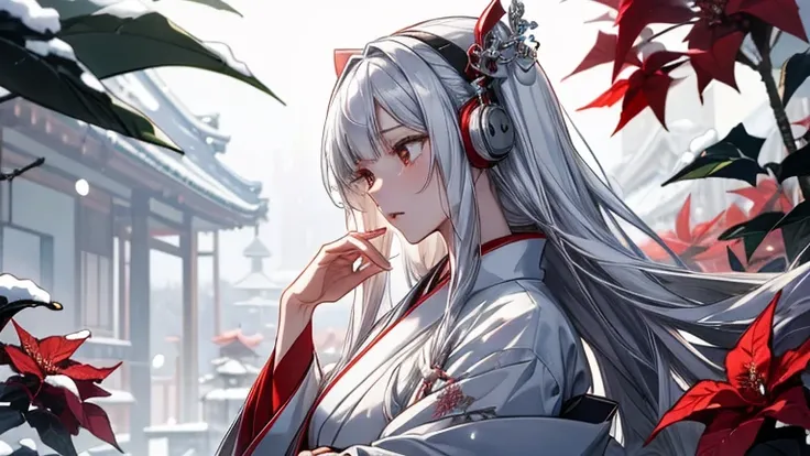 In the snow、 headphones。break。 beautiful adult woman in kimono with long silver hair。break。red and white poinsettias 。break。Hands are not shown。break。 Japanese anime style。