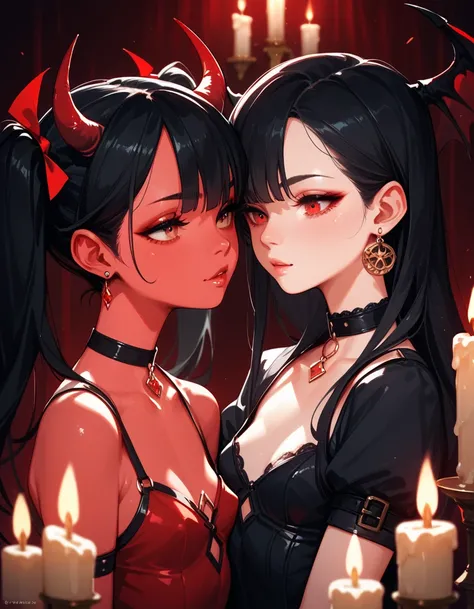 two girls, a strong red-skinned demon, a girl with light black hair with side pigtails, small breasts, among smoke, dark room, candles
