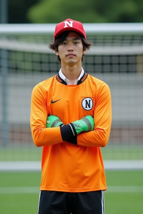 Japanese male, 20 years old, orange goalkeeper long-sleeved shirt with the letter (N) on the left chest,The number (1) is written on the shirts stomach,The goalkeeper trousers are black with two white stripes on the outer thighs,White formal shirt collar f...