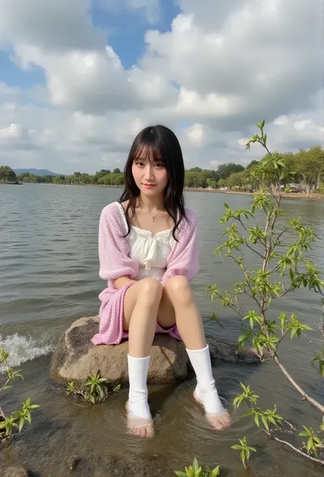 Hanfu,  1 girl, medium breasts,  clevis on a stone, Mountain, soaking feet,  sitting,  Chinese park background , white knee-high,Clear water,(feet:1.3), Too many flowers,  