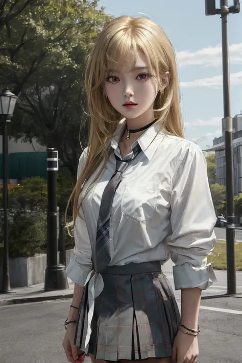 bmasterpiece、top-quality、hight resolution)、 Real life adaption for this character, Masterpiece, high quality, best lighting, cinematic, 1girl, Marin Kitagawa, blonde hair, (perfect body), A white shirt, plaid skirt, and loose necktie, looking at viewer, st...