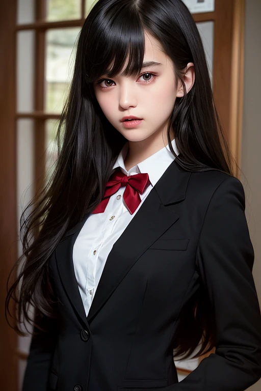 masterpiece.bestquality.8k.detailed.ultra-detailed face.Shootfromfront . school uniform.12yearoldgirl.Vampire Girl、Fair skin、 long hair, bangs,  black hair,  red eyes,  high definition ,  anatomically correct,  top quality ,  High Definition Model,  High D...