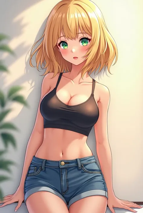 A blonde anime lady with a bob hairstyle, big boobs, and ass. She has green eyes, and rosy pink, heart shaped lips. She is wearing a crop top, and jean shorts .