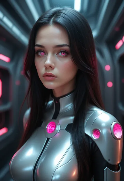 Score_9, score_8_up, score_7_up, score_6_up BREAK Hos0kaMM, 1girl, black hair, long hair, large breasts, bodysuit, hypno eyes, fully hypnotised, pink eyes, looking at viewer, mechanical background, futuristic, sci-fi, shiny, glossy, highly detailed, beauti...