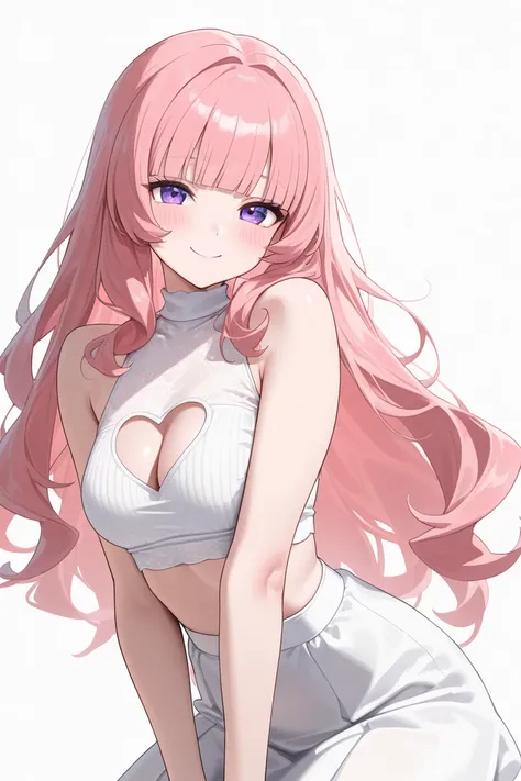 (Best quality, 4k, 8k, high resolution, masterpiece:1.2), ultra detailed, intricate details,SOLO,beautiful woman, alone, sleeveless crop top dress, Heart Cutout,middle hair, pink hair, blunt bangs,Loose and fluffy hair、、purple eyes, medium breasts,  blush,...