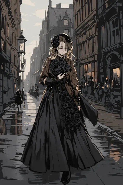 In a style that mixes steampunk with londongothic illustration a woman with a black rose in her hands that seems to cry. She is walking through a strange city.