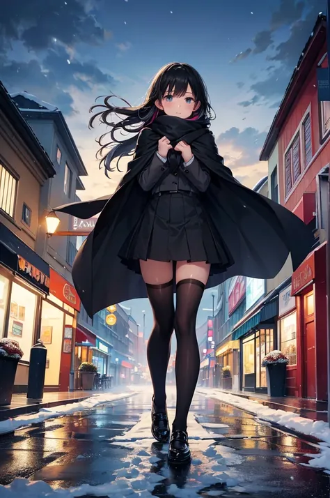 High image quality, high resolution, smooth gradation, vivid colors, A shopping street on a cloudy day, a girl with her hair blowing in the wind, looking up at the sky, powdery snow, the road is a little wet underfoot, the lights of the store signs, a scar...