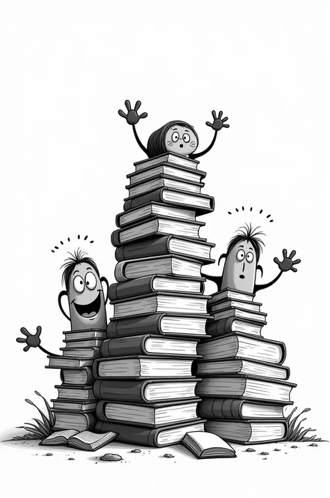 A pile of books in cartoon style black and white