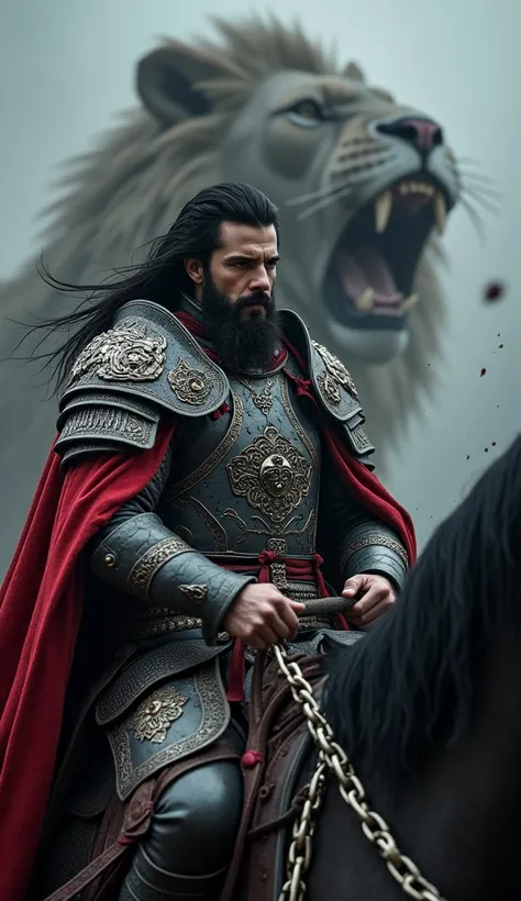 "A manly-looking male warrior with thick black hair, wearing armor carved with dragon ornaments and blood-red motifs. His face looked firm and charismatic with an expression ready to fight. He sat on a mighty black horse with sharp eyes, while behind him t...