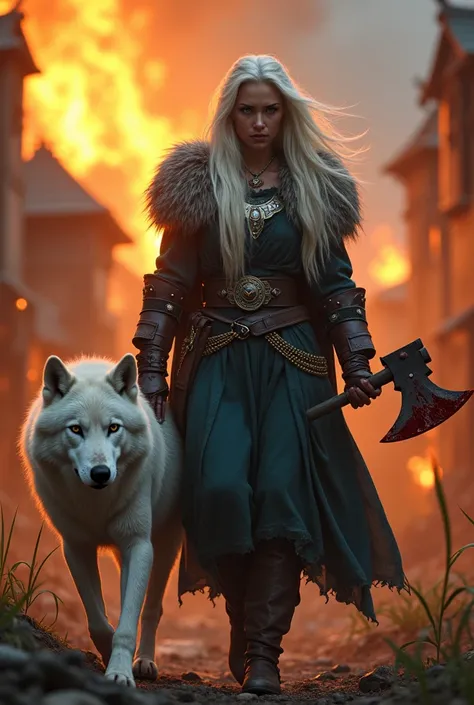 A viking queen with platinum hair, walking down a raided village accompanied by a white wolf,she is carrying a bloody axe on her right hand,the village is consumed in flames,there are people fleeing for there lives