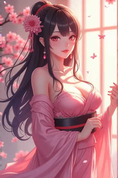 Beautiful girl, pink kimono, long hair, big breasts, anime, 4K 