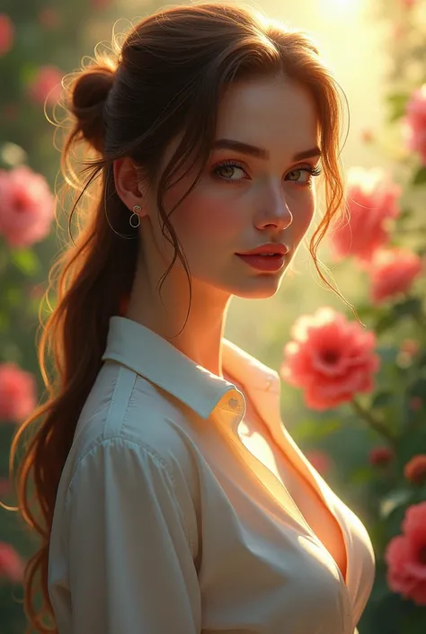 European girl, aged 26 years, Stands half sideways, long hair pulled back into a messy bun, hair color chestnut, skin color pale white, smiles mysteriously,  dimples, wide cheekbones, looks away frame 1:2,  close-up just below the chest, empty space above ...