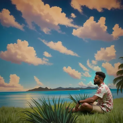 a photorealistic Polynesian man with an embroidered shirt on sitting on the grass looking at painting of a colorful cartoon sky and cartoon clouds on a wall, embroidered clothes