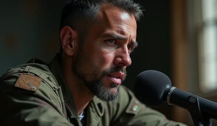 a military man talking with a sad face crying and looking at the camera with a microphone with torn and torn clothes, seen from the side, That expresses sweetness, realism
