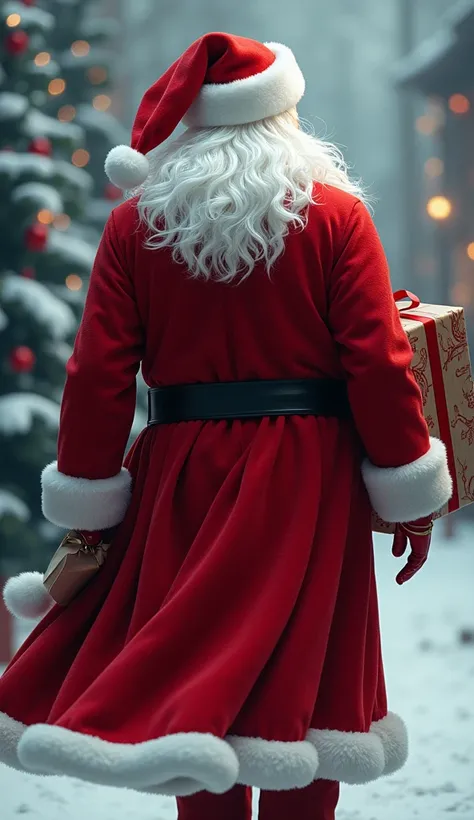 Back side of Santa claus with gift in a trendy look