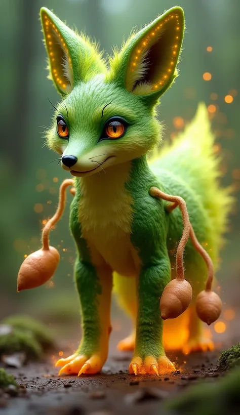 create 32k image of a dangerous fighting untamed hybrid fusion of a fox, avocado, and sweet potatoes. The creature’s sleek, agile form is infused with the smooth, green-toned markings of avocados, which run across its fur in fluid, organic patterns. The fo...