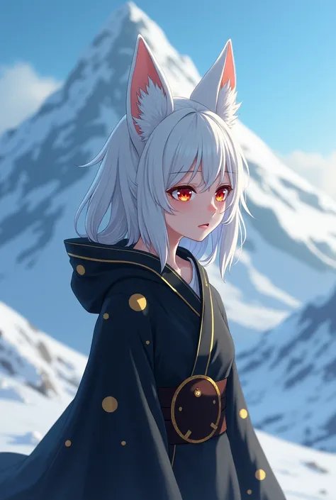 Fox-eared woman standing in a black robe with gold spots,,under the snow mountain,,Red eyes, white hair, nice body, tall,,Anime art sitting crying expression Cry Make it closer and cry the tears out  