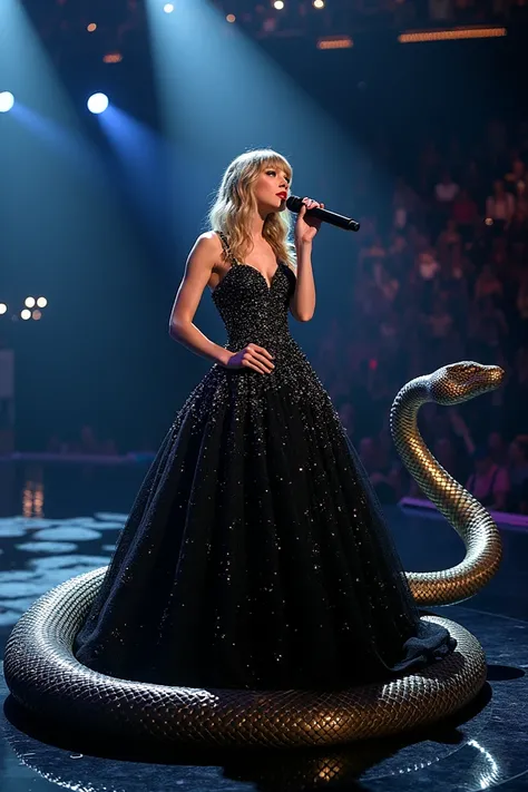 Taylor Swift in a big sparkly black prom dress on a snake-shaped stage 