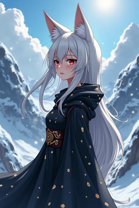 Fox-eared woman standing in a black robe with gold spots,,under the snow mountain,,Red eyes, white hair, nice body, tall,,Anime art sitting crying expression Cry Make it closer and cry the tears out  Her tears came out Sad expression