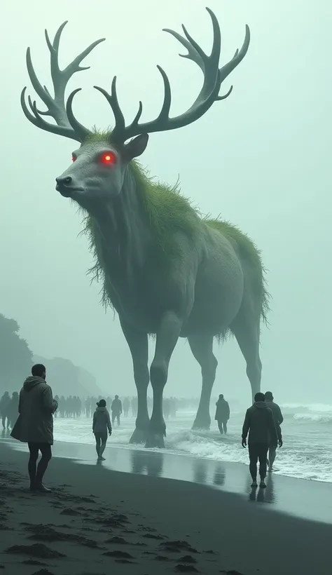 Une biche alien gigantesque aux allures de monstre pâle sur une plage de sable fin noir en plein jour , il savance sur la plage , il a des végétation sur lui , les vagues sont calmes , des grand yeux rouge vif  , réalisme de la scène saisissant , atmosphèr...