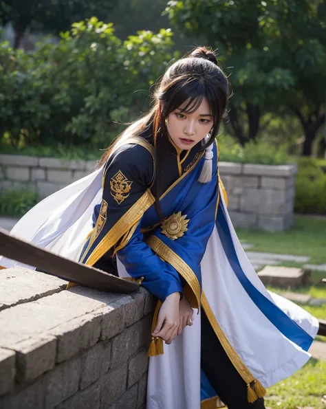  Cai wenji from Dynasty Warriors performing a defense called sound wall  .  It is a defense that creates an impenetrable sound shield that absorbs enemy blows, protecting from any damage 