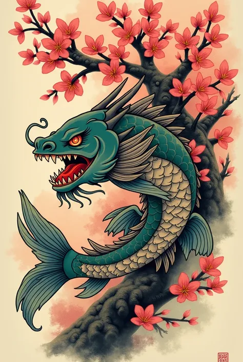 Japanese style tattoo design of a carp turned into a dragons head holding a cherry tree