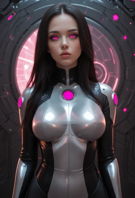 Score_9, score_8_up, score_7_up, score_6_up BREAK Hos0kaMM, 1girl, black hair, long hair, large breasts, bodysuit, hypno eyes, fully hypnotised, pink eyes, looking at viewer, mechanical background, futuristic, sci-fi, shiny, glossy, highly detailed, beauti...