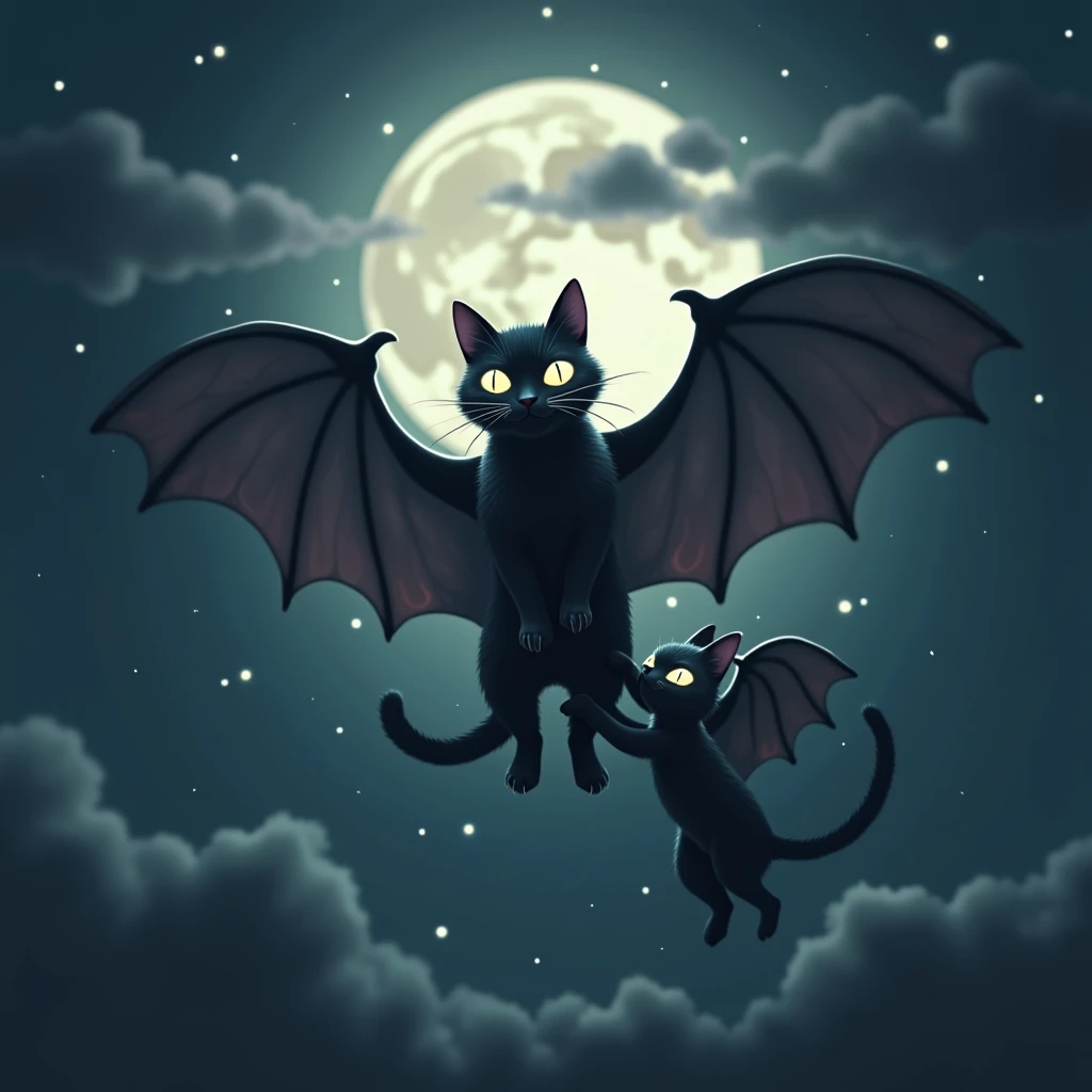 A mesmerizing scene of two black cats with iridescent, semi-transparent bat wings, soaring effortlessly around a radiant, luminous full moon, partially veiled in delicate, feathery clouds. The cats engage in playful, whimsical interactions mid-flight, thei...