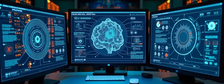 A high-quality image featuring a futuristic office setting with multiple computer screens displaying detailed schematics of neural networks. The screens show intricate diagrams of neural network layers, nodes, and connections, with labels and annotations e...