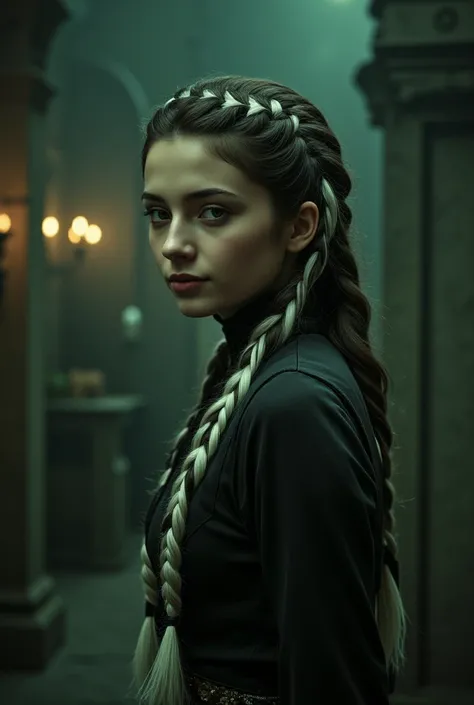 Slytherin girl, long hair tie and dye black and white in a braid.