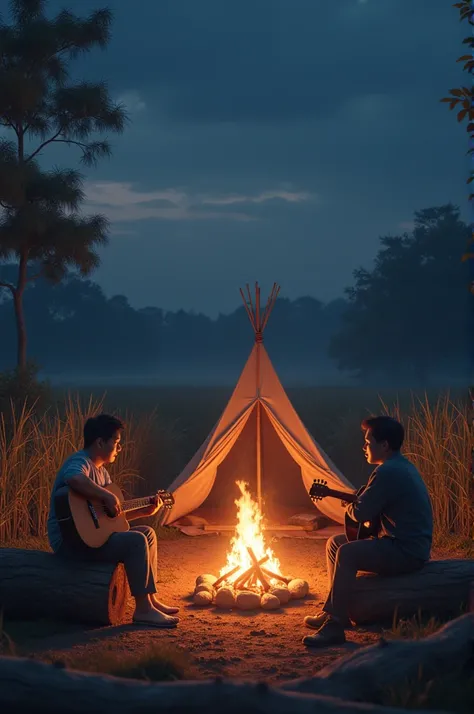 This is a picture of the atmosphere of the rice field that has just been harvested.
Winter at night
The atmosphere of a picnic in winter
There is a tent in the middle
There is a log to sit on
There is a bonfire in front of the tent. There are 2 Korean men ...