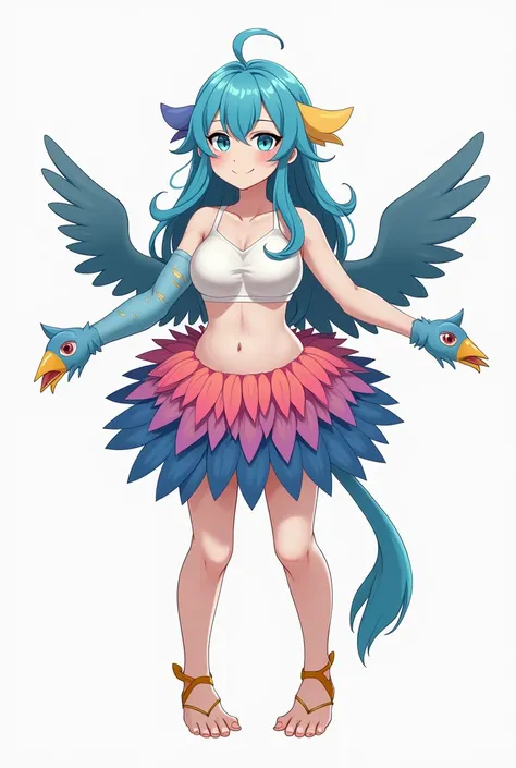  bird foot, Big Breasts ,  shortcuts, Blue Hair/ light blue hair,  smiles, anime,Skirt made of feathers , arms are wings of large birds, have no arms,Hands are wings ,