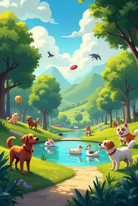 Create the image of a park with several animals, dogs, cats, Birds, Ducks.