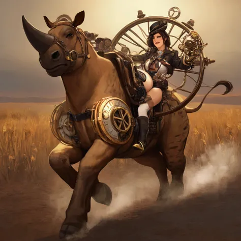 cute woman, age 22, steam punk explorer, sexy costume, many gadgets and clockwork doohickeys, riding steam powered Rhino, exploring African savannah, intricate clockwork mechanisms, steampunk style, highly detailed, hyper realistic, 8k, award winning art, ...