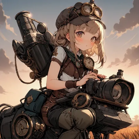 A cute woman (cute, age 22, role of a steam punk explorer, sexy costume, many gadgets and clockwork doohickeys) she is riding on her steam powered Rhino mount exploring the African savannah
