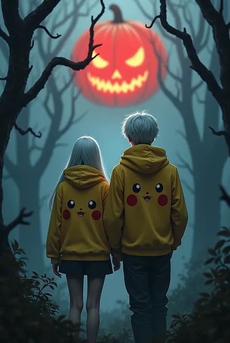 dark war, photo, a young korean couple with white hair, wear hoodie Pikachu, art by David B. Mattingly, over the shoulder shot of a Male Ghost hunter, from inside of a Forest,Halloween  with the red pumpkin behind him.