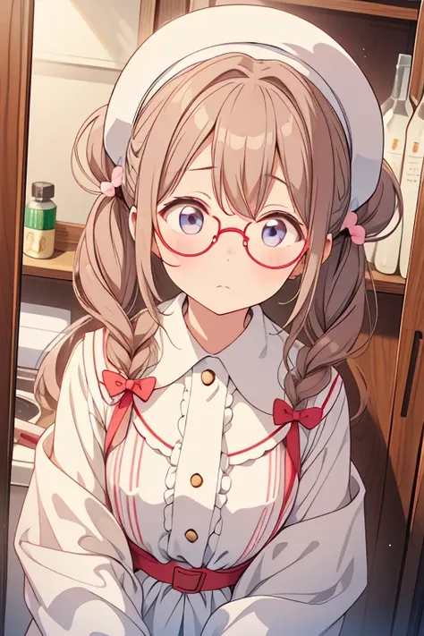 Looking up、 is shy、I have a medicine cabinet、Twin tails long、Worried face、Round Glasses、Im wearing a white round hat