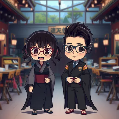 A one Japanese boy wearing black suit, A one Japanese girl wearing black Japanese-kimono, black wavy hair, semi-short hair, wearing glasses, Front facing, gaming headset, full body image, icon, smiling, chibi, kawaii