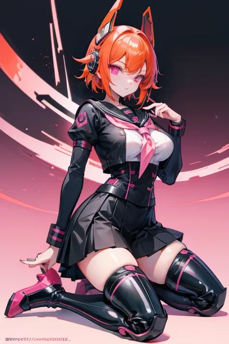 Orange hair, pink eyes, black sailor uniform, stockings, boots, kneeling, large breasts, mechanical parts, headgear