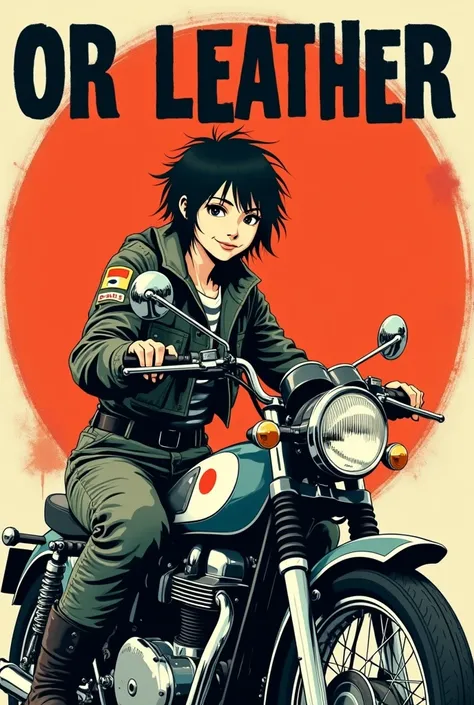 Pop Art style. A young, pretty, smiling Japanese woman with messy short black hair wears a stylish flight jacket with a Japanese flag patch on her shoulder, sturdy cargo pants, sturdy boots, a vintage helmet and gloves, and rides confidently on a vintage m...