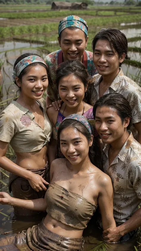 portrait of 5 people, 1 asian male, 4 asian female, sitting, submerge in the middle of rice paddy field, bun hair, head wrap, laughing, smiling, wearing full top batik shirt, long brown wrap skirt, body smeared with mud, dirty, sweaty, holding paddy plants...