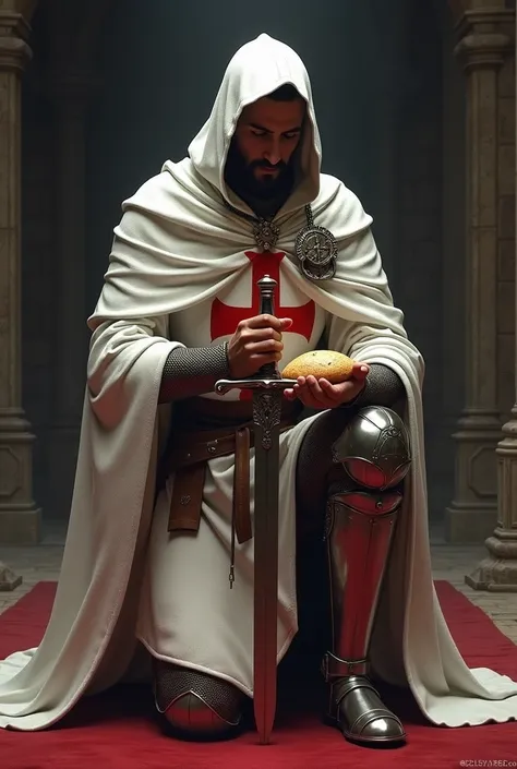 Knights Templar kneeling with his sword and bread in his other hand