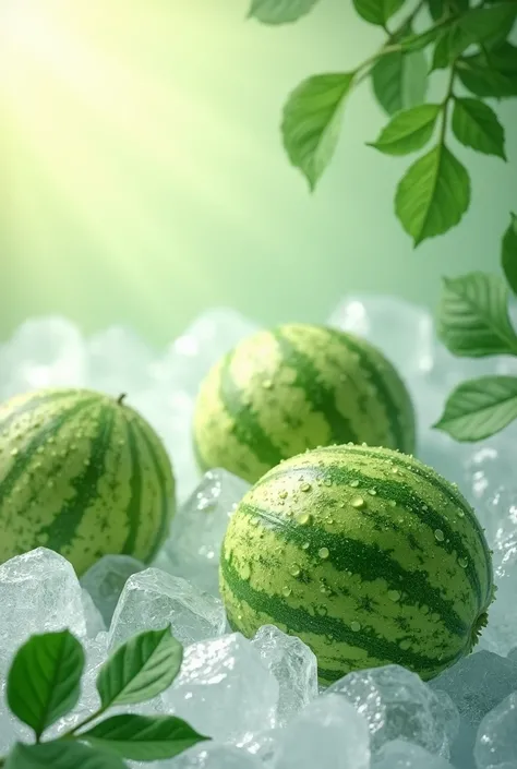 Create a beautiful square box background blending white and green colors for beverage products with a background of melons and ice heaps filled with dew on a realistic fresh melon fruit 